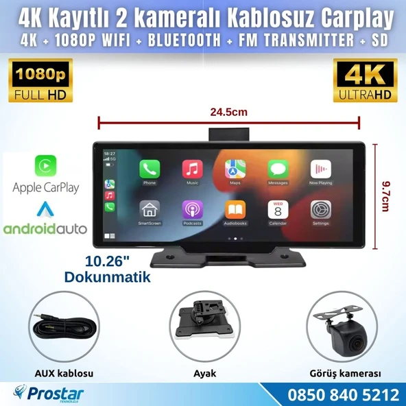 Dokunmatik 10.26 inç 4K+1080P Çift Kameralı Kablosuz Carplay Wifi Bluetooth Set ürün görseli 1