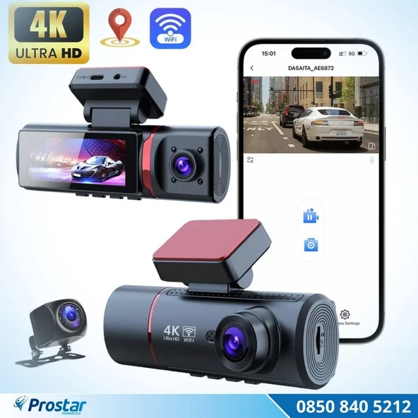 3 Kameralı 4K Ultra HD Ön, iç ve Arka Wifi GPS G-Sensör Park Modu Dashcam Kamera ürün görseli 1