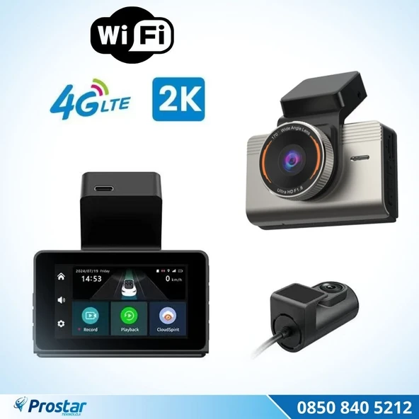 4G Uzaktan izlemeli 2 kameralı 2K+1080P Yüksek Çözünürlüklü Dashcam Kamera ürün görseli 1