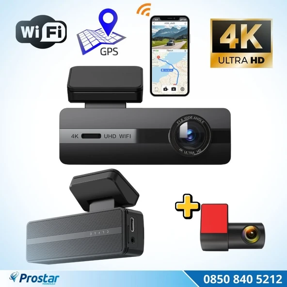 2 Kameralı 4K+1080P Ekransız WIFI GPS 24 Saat Park Modu Özellikli Dashcam Kamera ürün görseli 1