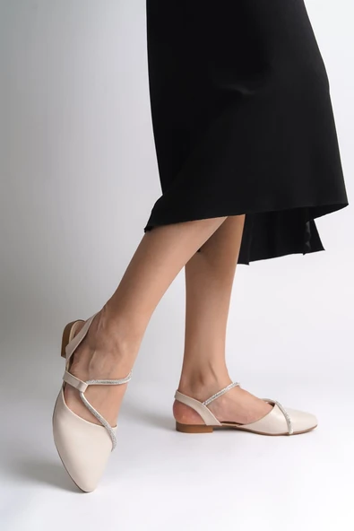 HANNAH Lastikli Ortopedik Rahat Taban Taş Detaylı Kadın Babet Ayakkabı  CKT - Krem ürün görseli 1