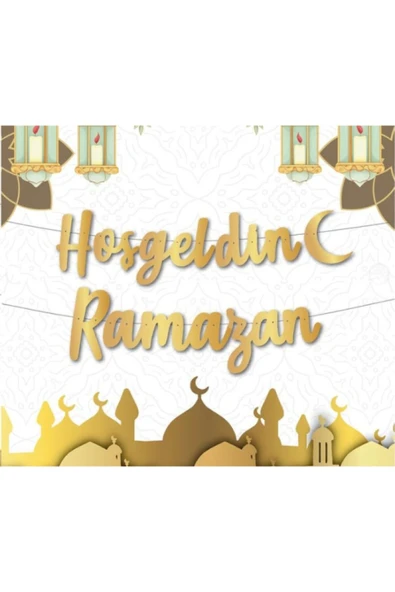 İB GLOBAL Hoşgeldin Ramazan Yazılı Kaligrafi Banner Gold Renkli - Ramazan Bayramı Altın Renginde Süs ürün görseli 1