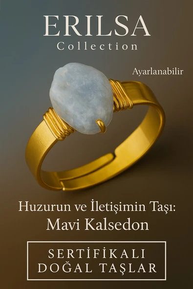 Sertifikalı Doğal Mavi Kalsedon Taşı Yüzük – Kalın Tımbıl Kasa Gold Renk Ayarlanabilir ürün görseli 1