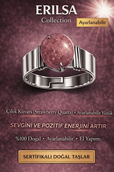 Sertifikalı Doğal Strawberry Quartz (Çilek Kuvars) Taşı Yüzük – Kalın Tımbıl Kasa Ayarlanabilir ürün görseli 1