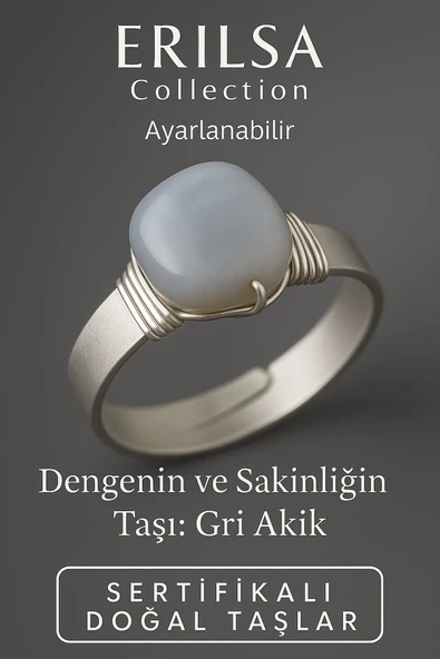 Sertifikalı Doğal Gri Akik Taşı Yüzük – Kalın Tımbıl Kasa Gümüş Renk Ayarlanabilir ürün görseli 1