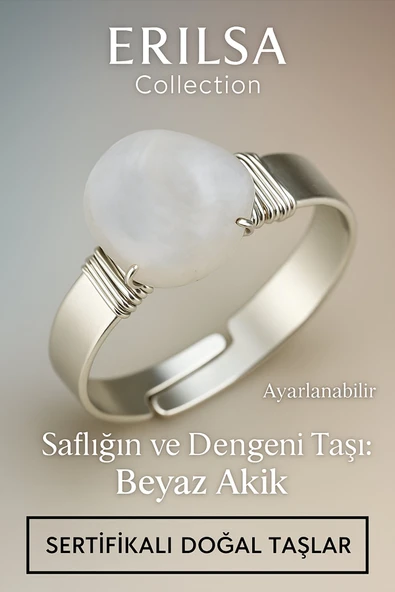 Sertifikalı Doğal Beyaz Akik Taşı Yüzük – Kalın Tımbıl Kasa Gümüş Renk Ayarlanabilir ürün görseli 1