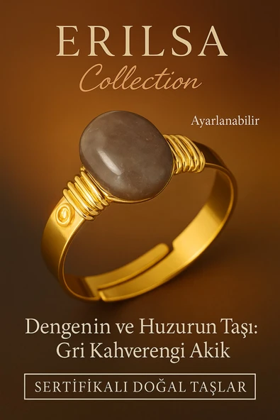 Sertifikalı Doğal Gri Kahverengi Akik Taşı Yüzük – Kalın Tımbıl Kasa Gold Renk Ayarlanabilir ürün görseli 1