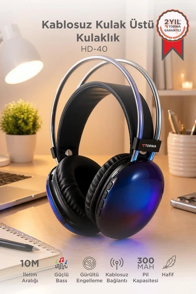 Bluetooth Kulaklık Kulak Üstü Rgb Işıklı Kablosuz Kulaklık HD40 Siyah ürün görseli 1