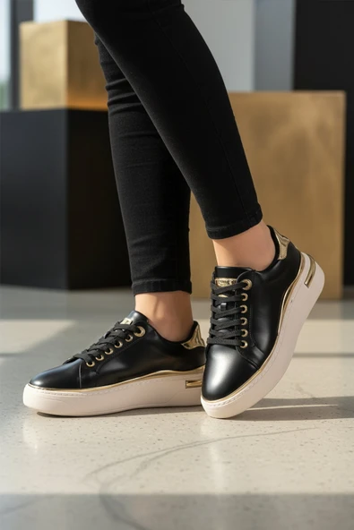 Siyah Bağcıklı Kadın Sneaker - Resim 3