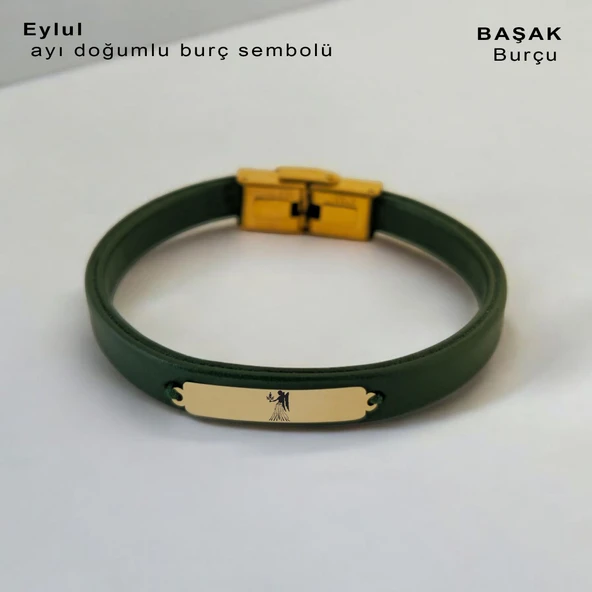 Burca Özel Dikdörtgen Figürlü Hakiki Yeşil Derili 14 Ayar Altın Plakalı Hediye Bileklik-371 ürün görseli 1