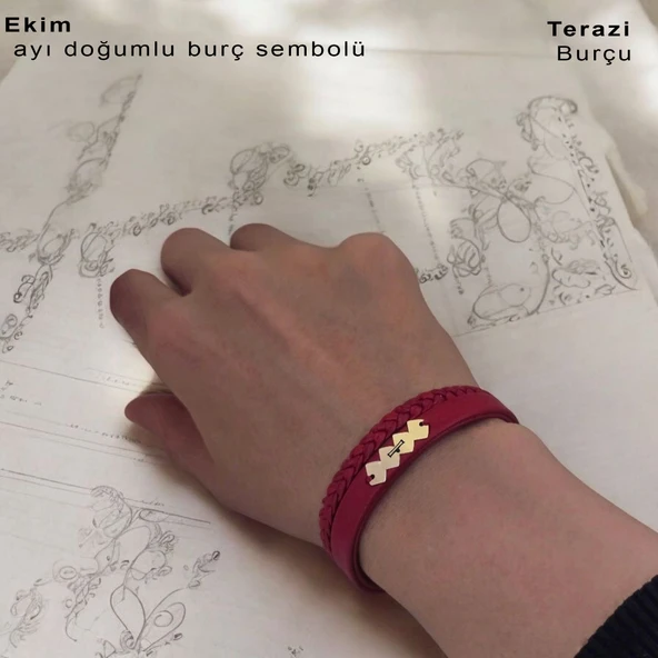 Doğum Ayına Özel 14 Ayar Altın Plakalı Hayat Döngüsü Figürlü Koyu Kırmızı Derili Hediye Bileklik-373 ürün görseli 1