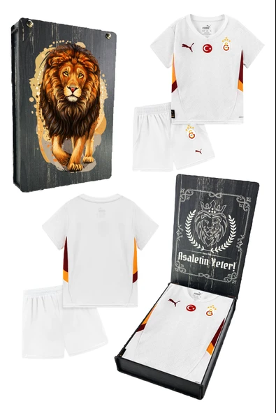 Galatasaray Orijinal Lisanslı 24-25 Beyaz 5 Yıldızlı UV Aslan Baskılı Çocuk Forma Set Hediyelik Ahşap Kutu ürün görseli 1