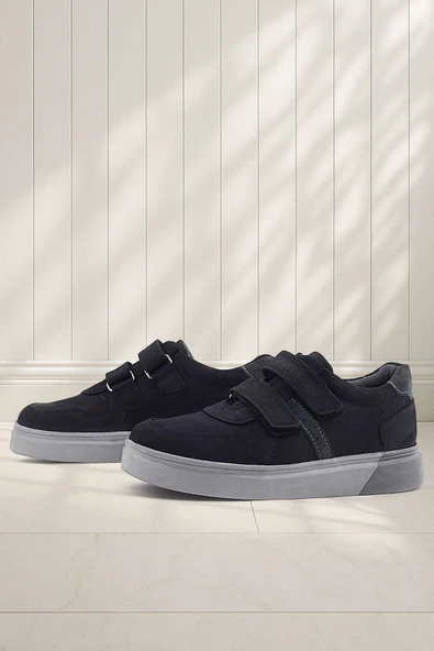 Rakerplus Hakiki Deri Siyah Nubuk Gri Cırtlı Erkek Çocuk Sneaker ürün görseli 1