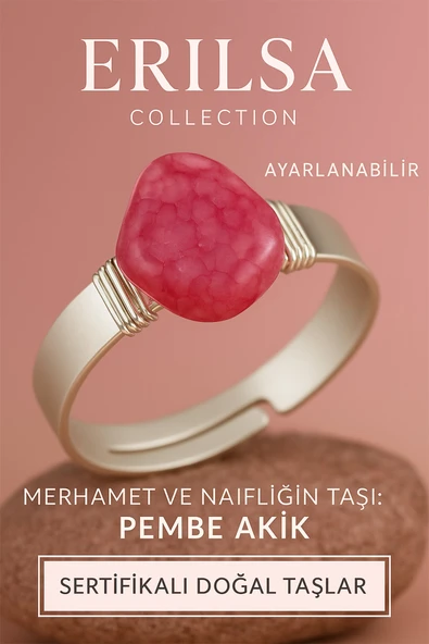 Sertifikalı Doğal Pembe Akik Taşı Yüzük – Ayarlanabilir Kalın Tımbıl Kasa ürün görseli 1