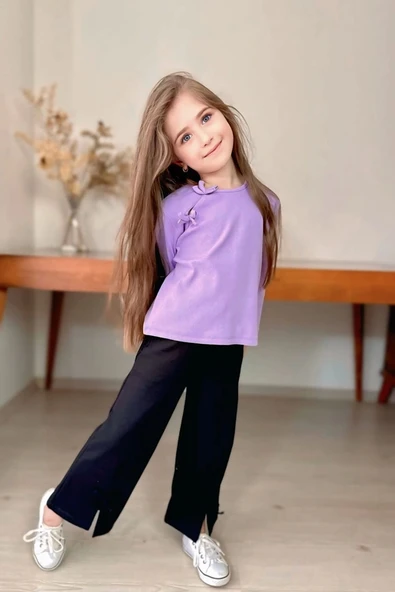 Fiyonk ve Yırtmaç Detaylı Kız Çocuk 2li Takım ürün görseli 1