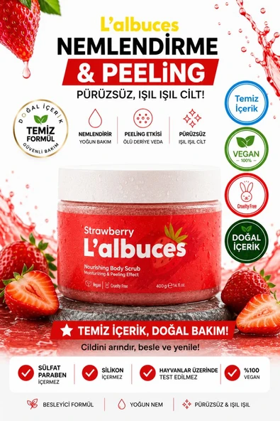 Strawberry Body Scrub 400gr – Vegan, Temiz İçerikli, Çilek Kokulu Pürüzsüz Cilt Bakımı ürün görseli 1