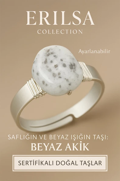 Sertifikalı Doğal Beyaz Akik Taşı Yüzük – Ayarlanabilir Kalın Tımbıl Kasa ürün görseli 1