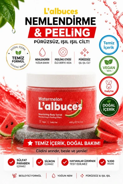 Watermelon Body Scrub 400gr – Vegan, Temiz İçerikli, Karpuz Kokulu Pürüzsüz Cilt Bakımı ürün görseli 1