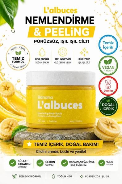Banana Body Scrub 400gr – Vegan, Temiz İçerikli, Muz Kokulu Pürüzsüz Cilt Bakımı ürün görseli 1