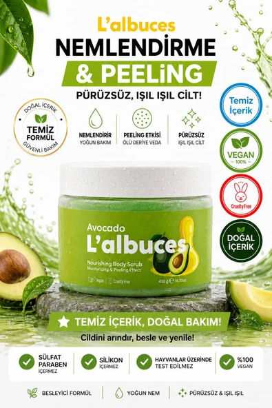 Avocado Body Scrub 400gr – Vegan, Temiz İçerikli, Avokado Kokulu Pürüzsüz Cilt Bakımı ürün görseli 1