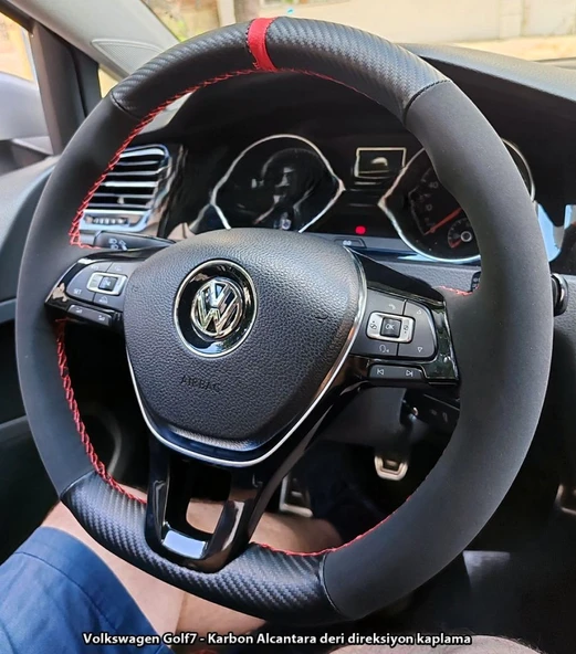Golf 7 Jetta Passat Tiguan Polo-T-Roc F1 Dikmeli Araca Özel Direksiyon Kılıfı NUBUK KARBON YÜZÜKLÜ ürün görseli 1