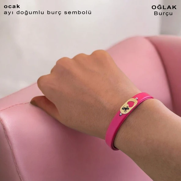 Burca Özel Kalp Detaylı Oval Motifli Doğal Pembe Derili 14 Ayar Altın Plakalı Hediye Bileklik-377 ürün görseli 1