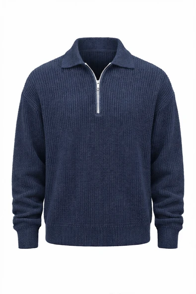 Gibson Oversize Yarım Fermuar Gömlek Polo Yaka Selanik Örme Erkek Triko Kazak - İndigo ürün görseli 1