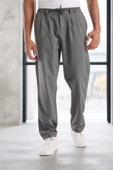 Bezayağı Kumaş Relax Fit Duble Paça Jogger Pantolon - Gri ürün görseli 1