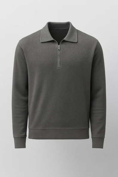 Eric Relax Fit Yarım Fermuarlı Polo Yaka Selanik Kumaş Erkek Sweatshirt - Avcı Yeşili ürün görseli 1