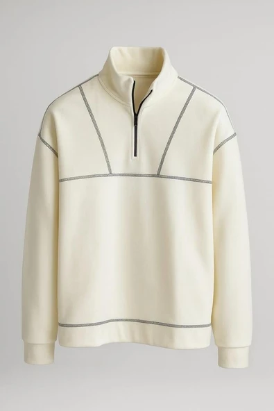 Crowe Çizgi Şeritli Oversize Yarım Fermuar Polar Erkek Sweatshirt - Ekru ürün görseli 1