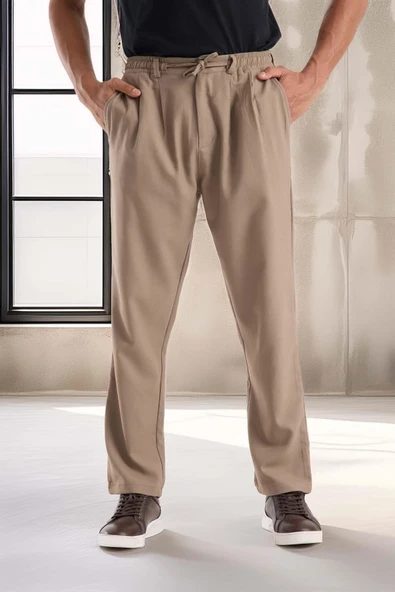 Bezayağı Kumaş Relax Fit Duble Paça Jogger Pantolon - Vizon ürün görseli 1