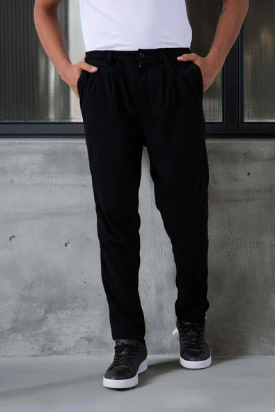 Roy Regular Fit Beli Lastikli Fitilli Kadife Kumaş Fermuarlı Jogger Erkek Pantolon - Siyah ürün görseli 1