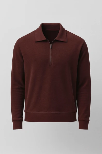 Eric Relax Fit Yarım Fermuarlı Polo Yaka Selanik Kumaş Erkek Sweatshirt - Bordo ürün görseli 1