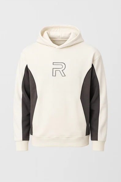 Frank Parçalı Kontrast Desenli Kapüşonlu Oversize Cepli Polar Erkek Sweatshirt - Ekru ürün görseli 1