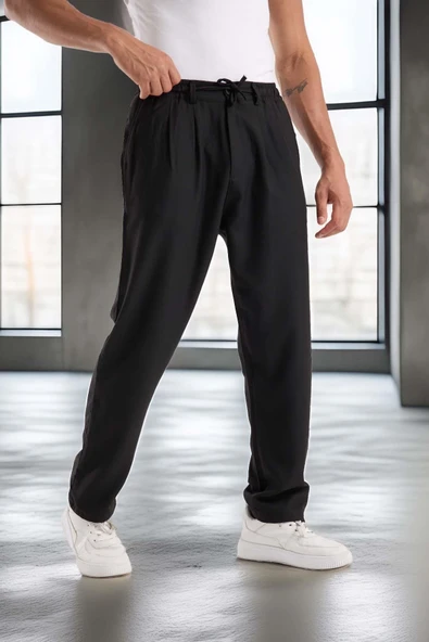 Bezayağı Kumaş Relax Fit Duble Paça Jogger Pantolon - Siyah ürün görseli 1