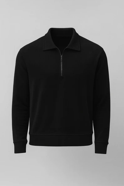Eric Relax Fit Yarım Fermuarlı Polo Yaka Selanik Kumaş Erkek Sweatshirt - Siyah ürün görseli 1