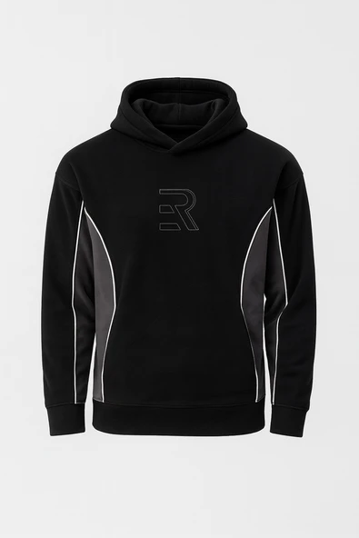 Frank Parçalı Kontrast Desenli Kapüşonlu Oversize Cepli Polar Erkek Sweatshirt - Siyah ürün görseli 1