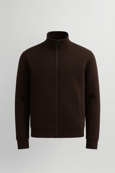 Marcel Regular Fit Fermuarlı Kıstırma Cepli Üç İp Şardonlu Erkek Sweatshirt - Kahve ürün görseli 1