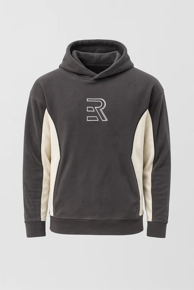 Frank Parçalı Kontrast Desenli Kapüşonlu Oversize Cepli Polar Erkek Sweatshirt - Füme ürün görseli 1