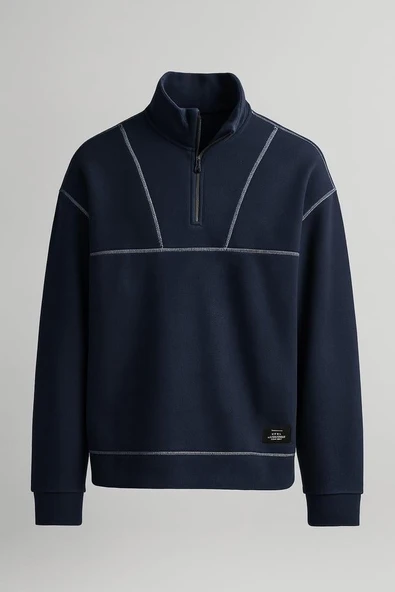 Crowe Çizgi Şeritli Oversize Yarım Fermuar Polar Erkek Sweatshirt - Lacivert ürün görseli 1