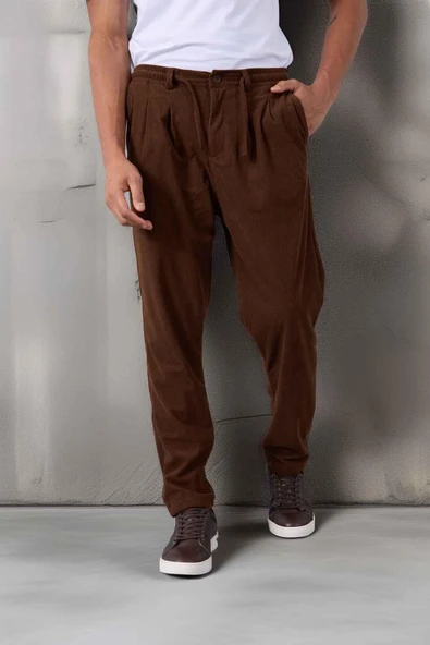 Roy Regular Fit Beli Lastikli Fitilli Kadife Kumaş Fermuarlı Jogger Erkek Pantolon - Kahve ürün görseli 1