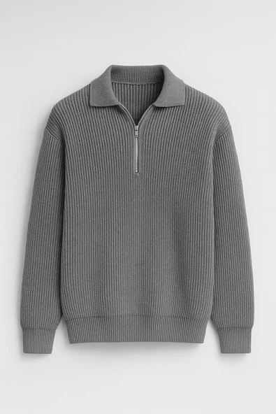 Gibson Oversize Yarım Fermuar Gömlek Polo Yaka Selanik Örme Erkek Triko Kazak - Füme ürün görseli 1