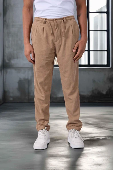 Roy Regular Fit Beli Lastikli Fitilli Kadife Kumaş Fermuarlı Jogger Erkek Pantolon - Bej ürün görseli 1