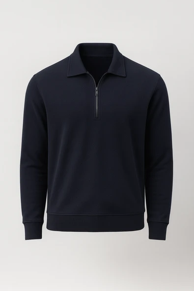 Eric Relax Fit Yarım Fermuarlı Polo Yaka Selanik Kumaş Erkek Sweatshirt - Lacivert ürün görseli 1