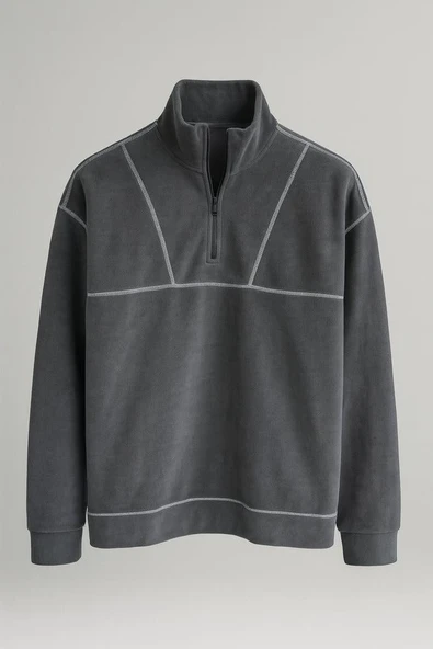 Crowe Çizgi Şeritli Oversize Yarım Fermuar Polar Erkek Sweatshirt - Füme ürün görseli 1