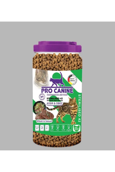 PRO CANİNE 42 BİFTEKLİ -SEBZELİ KISIR -OBEZ STERILISED YETİŞKİN KEDİ MAMASI 1,5 LT ürün görseli 1