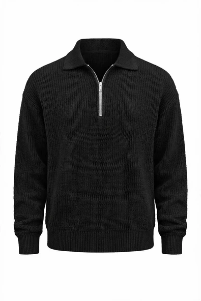 Gibson Oversize Yarım Fermuar Gömlek Polo Yaka Selanik Örme Erkek Triko Kazak - Siyah ürün görseli 1