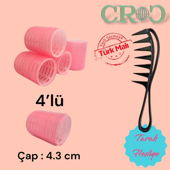 Croc 4lü Orta Boy Plastik Bigudi Pembe CB22 - Cırtlı Yapışkanlı Saç Bigudisi - Resim 6