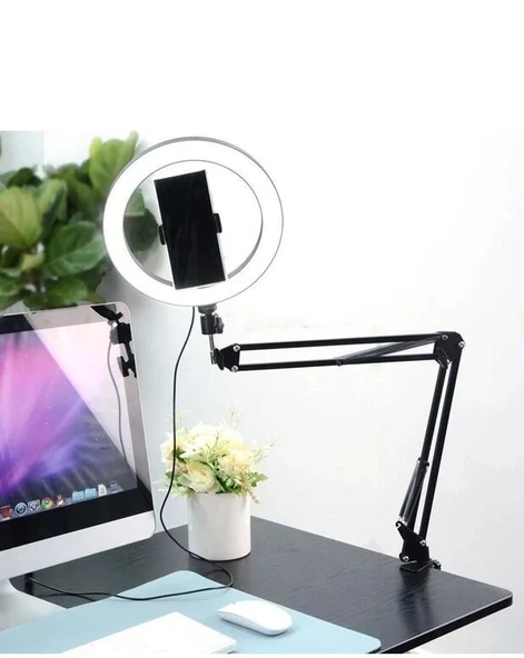 Masa Üstü Yaylı 360 Ayarlanabilir Ring Light Telefon Tutuculu Işıklı Yayıncı Standı ürün görseli 1