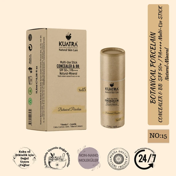 Kuatra Botanical Porcelain Natural-Mineral Stick Concealer & BB | SPF 50+ PA++++ | Çok Amaçlı Nemlendirici, Leke Karşıtı, Vitamin C, Renkli Bakım ürün görseli 1